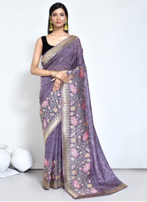 Prodigious Purple Thread Work Satin Silk Classic Saree