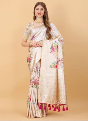 Prodigious Weaving Off White Silk Traditional Saree