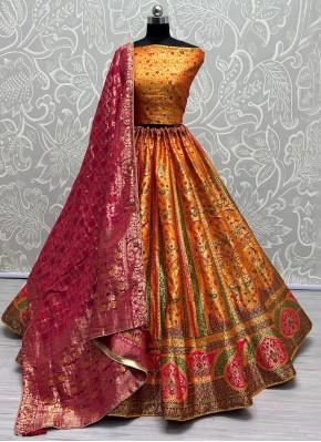 Prominent Banarasi Silk Weaving Orange Trendy Lehenga Choli