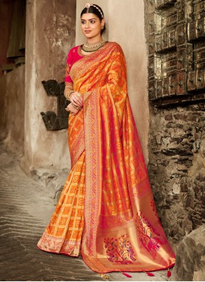 Prominent Embroidered Silk Orange Designer Traditional Saree
