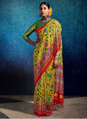 Prominent pure-dola Printed Yellow Trendy Saree