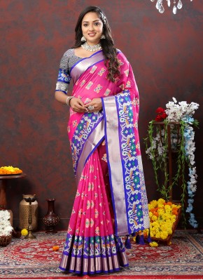 Prominent Silk Meenakari Blue and Pink Contemporary Saree