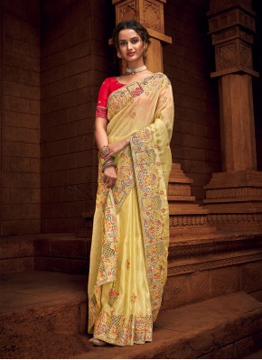 Prominent Silk Yellow Handwork Classic Saree