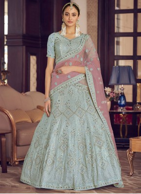 Pure Crepe Thread Designer Lehenga Choli in Turquoise