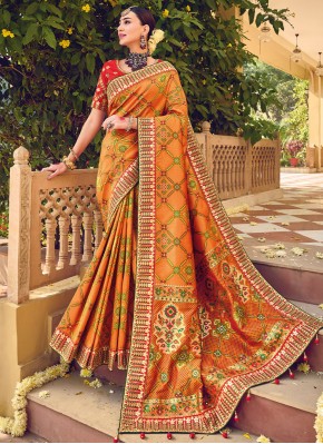 Pure Silk Bandhej Contemporary Saree in Orange