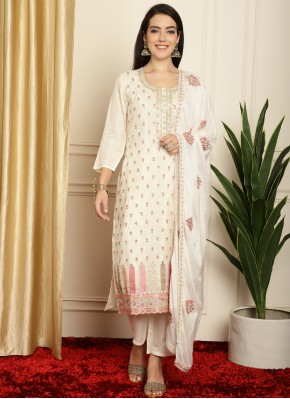 Pure Silk Off White Embroidered Trendy Suit