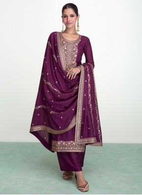 Purple Embroidered Silk Salwar Suit