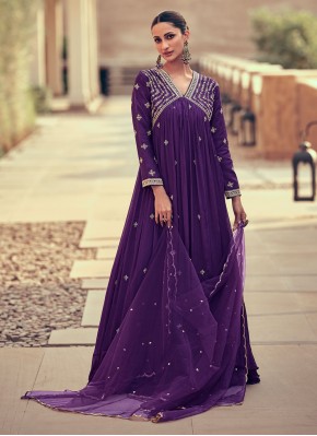 Purple Embroidered Trendy Gown