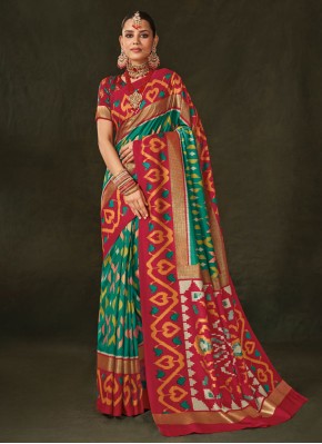 Rama and Red Foil Print Ceremonial Classic Saree