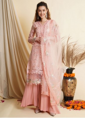 Ravishing Net Pink Resham Palazzo Salwar Suit