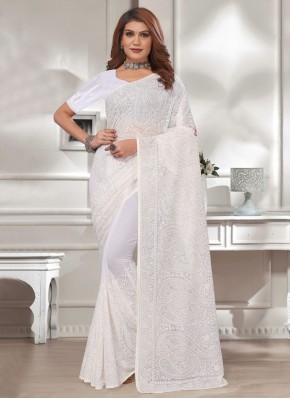 Ravishing White Resham Georgette Contemporary Saree
