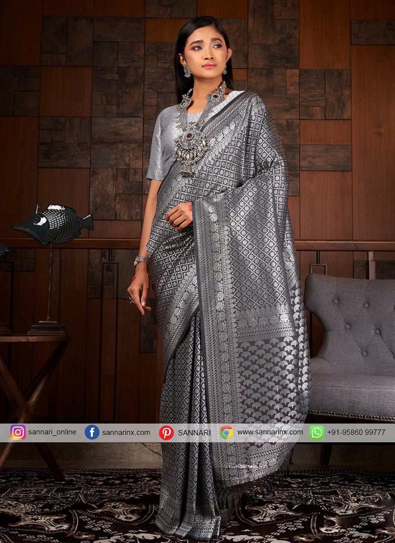 Raw Silk Grey Woven Traditional Saree