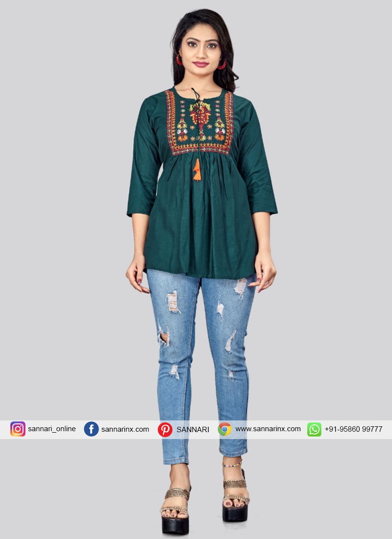 Rayon Embroidered Green Party Wear Kurti