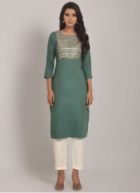 Rayon Green Embroidered Party Wear Kurti