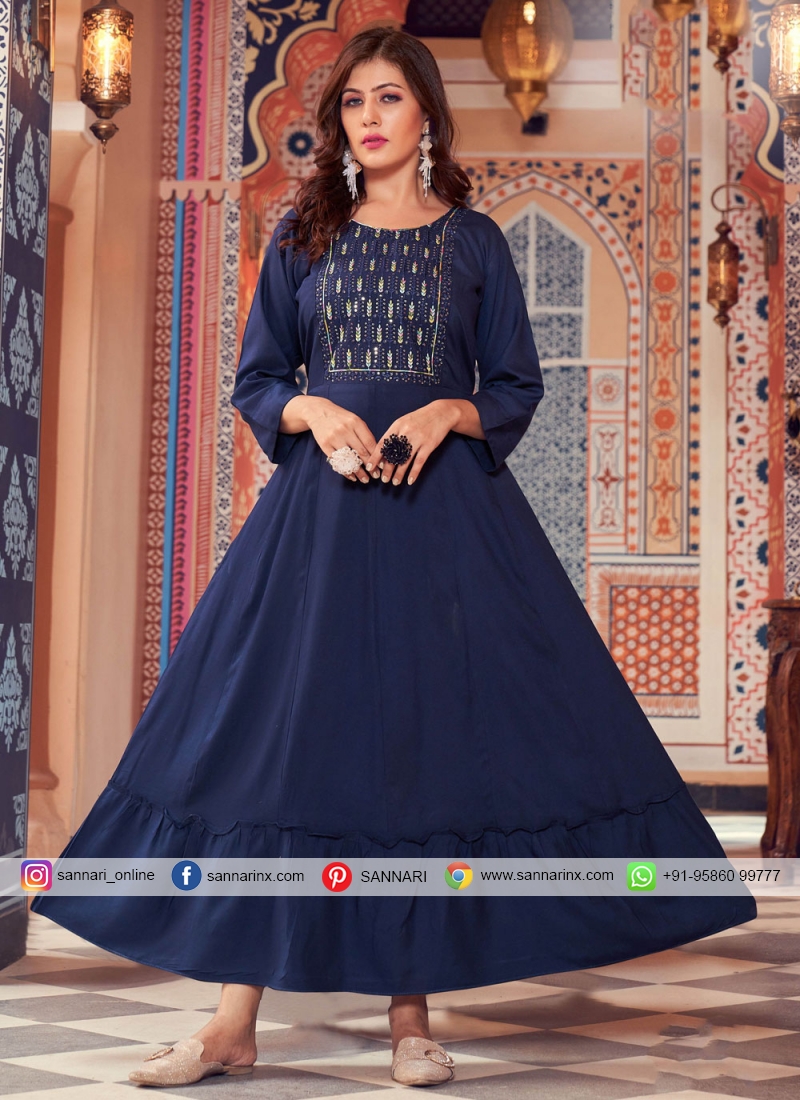 Rayon Navy Blue Embroidered Casual Kurti