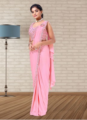 Ready Pleated Saree Embroidered Lycra in Pink