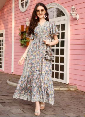 Readymade Gown Printed Rayon in Multi Colour