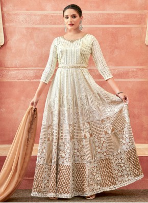 Readymade Gown Resham Georgette in Brown and Off White