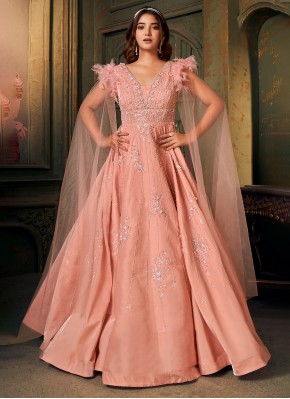 Readymade Gown Sequins Net in Peach