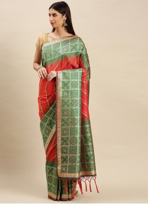 Red Banarasi Silk Mehndi Designer Traditional Saree