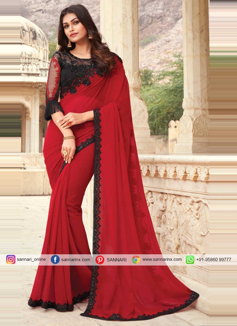 Red Embroidered Ceremonial Designer Traditional Saree