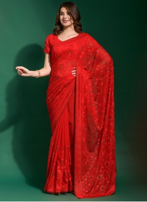 Red Embroidered Georgette Contemporary Saree