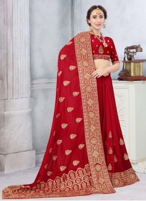 Red Embroidered Silk Designer Traditional Saree