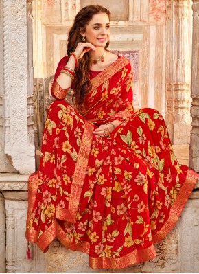 Red Faux Georgette Casual Saree