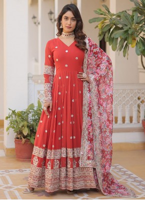 Red Faux Georgette Gown