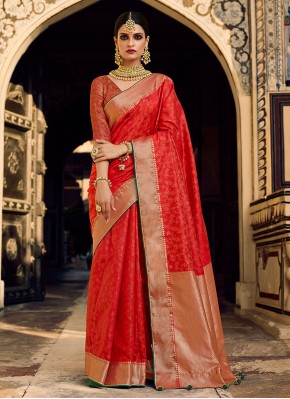 Red Festival Jacquard Silk Traditional Saree