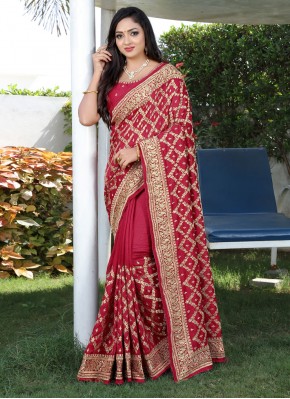 Red Festival Vichitra Silk Designer Traditional Saree