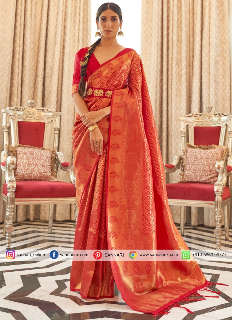 Red Handloom silk Weaving Traditional Saree