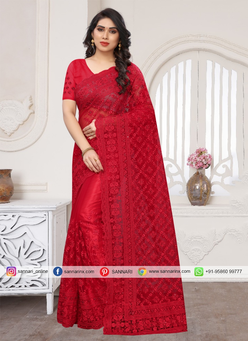 Red Wedding Net Designer Saree