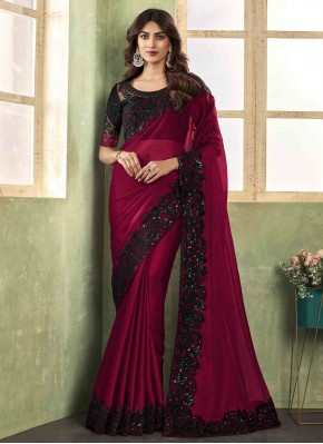 Remarkable Chiffon Embroidered Burgundy Trendy Sar