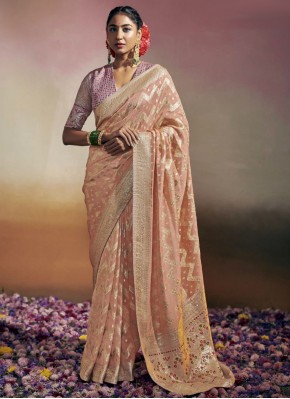 Remarkable Faux Georgette Peach Contemporary Style Saree
