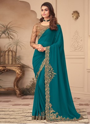 Renowned Teal Ceremonial Contemporary Style Saree