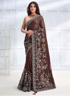 Riveting Brown Embroidered Silk Trendy Saree
