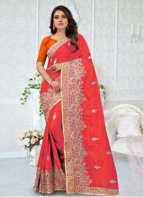 Riveting Embroidered Satin Silk Red Saree