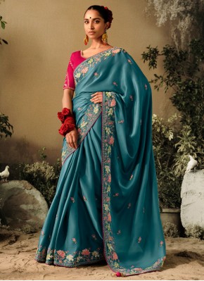 Riveting Embroidered Silk Teal Trendy Saree