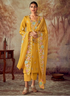 Salwar Kameez Embroidered Silk in Mustard