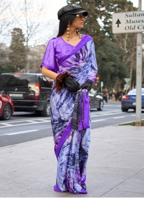Satin Print Trendy Saree in Purple