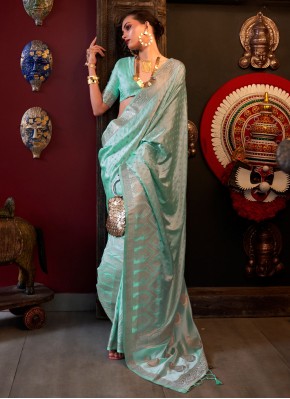 Satin Silk Aqua Blue Weaving Contemporary Saree
