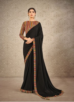 Satin Silk Black Digital Print Traditional Saree
