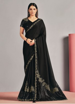 Satin Silk Black Sequins Contemporary Style Saree