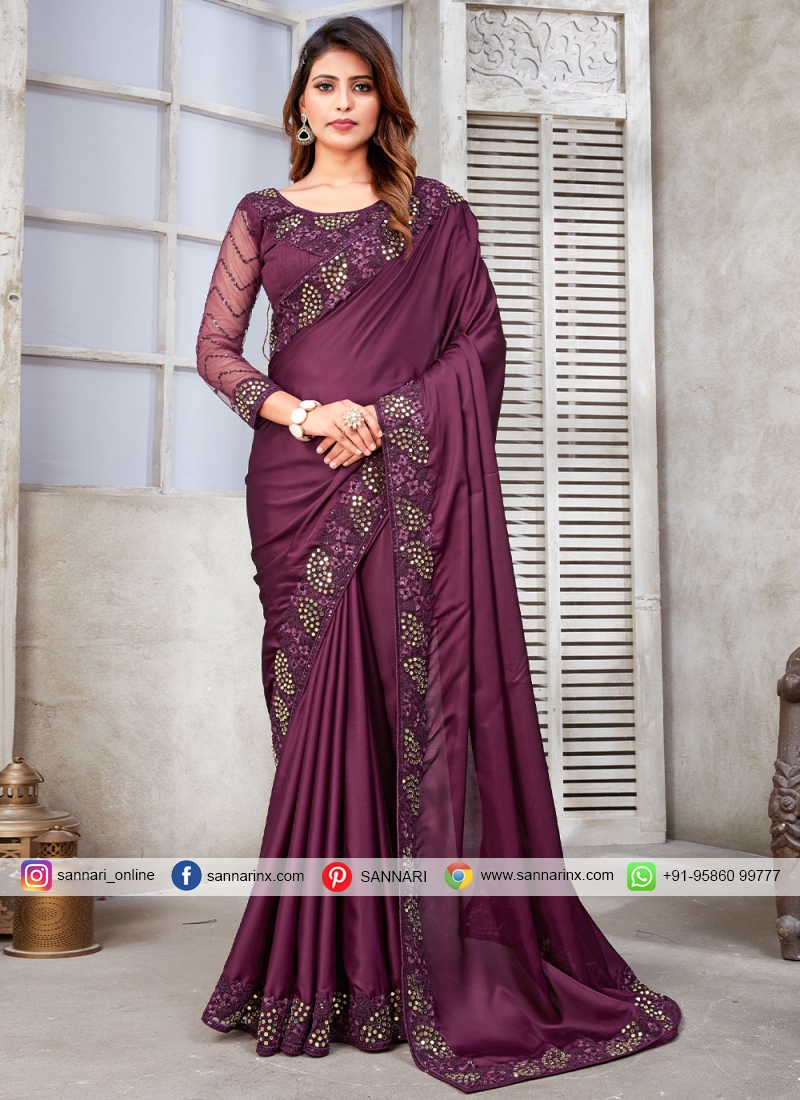 Satin Silk Classic Saree in Purple