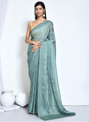 Satin Silk Classic Saree in Turquoise