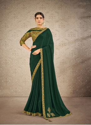 Satin Silk Digital Print Classic Saree in Green