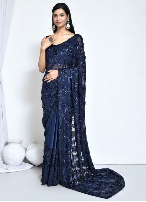Satin Silk Embroidered Blue Classic Saree