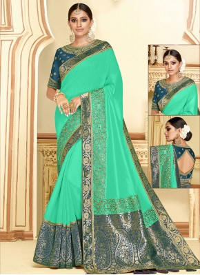 Satin Silk Turquoise Zari Classic Saree
