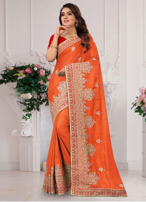 Satin Silk Zari Classic Saree in Orange